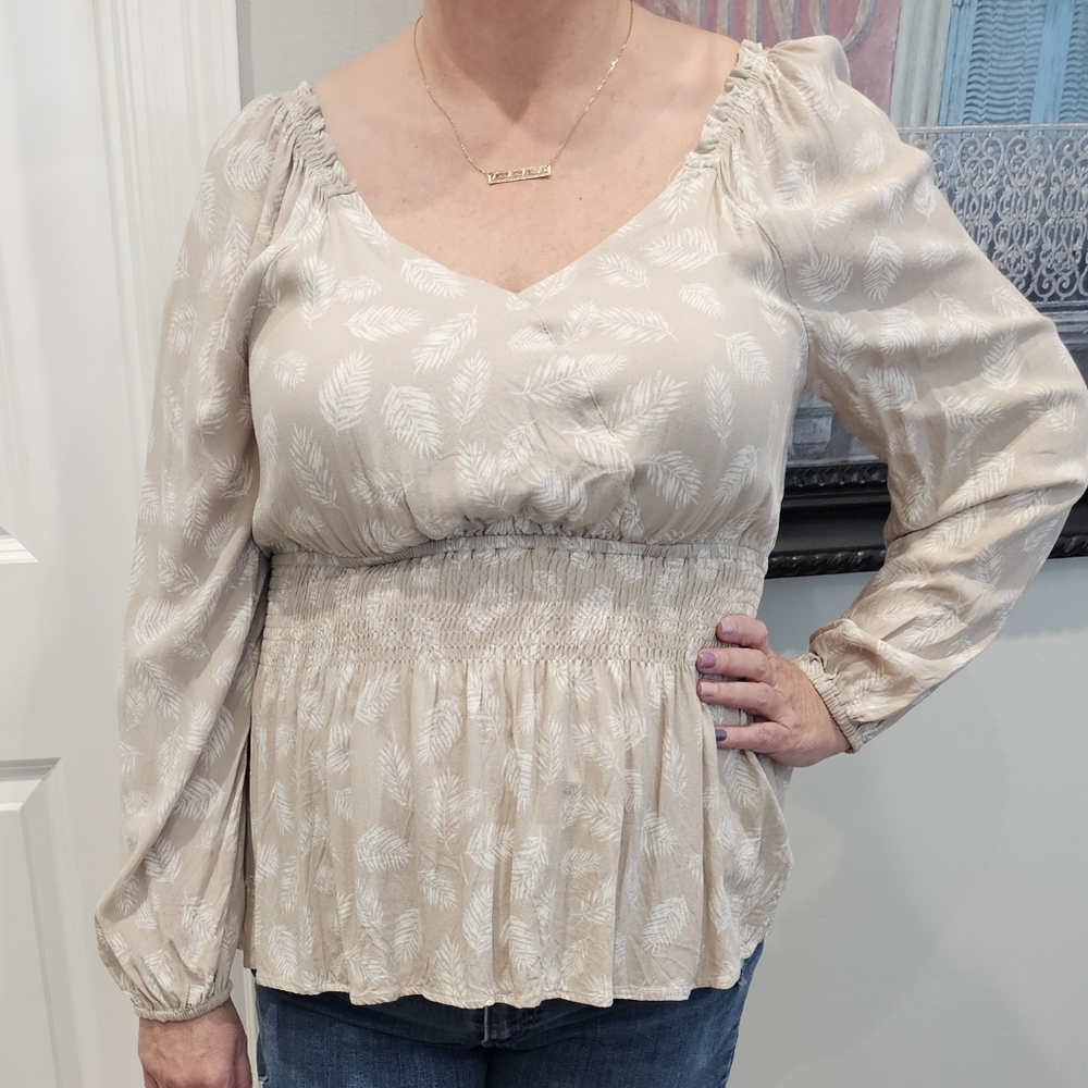 White Birch Beige Leaf Patterned Blouse - image 1